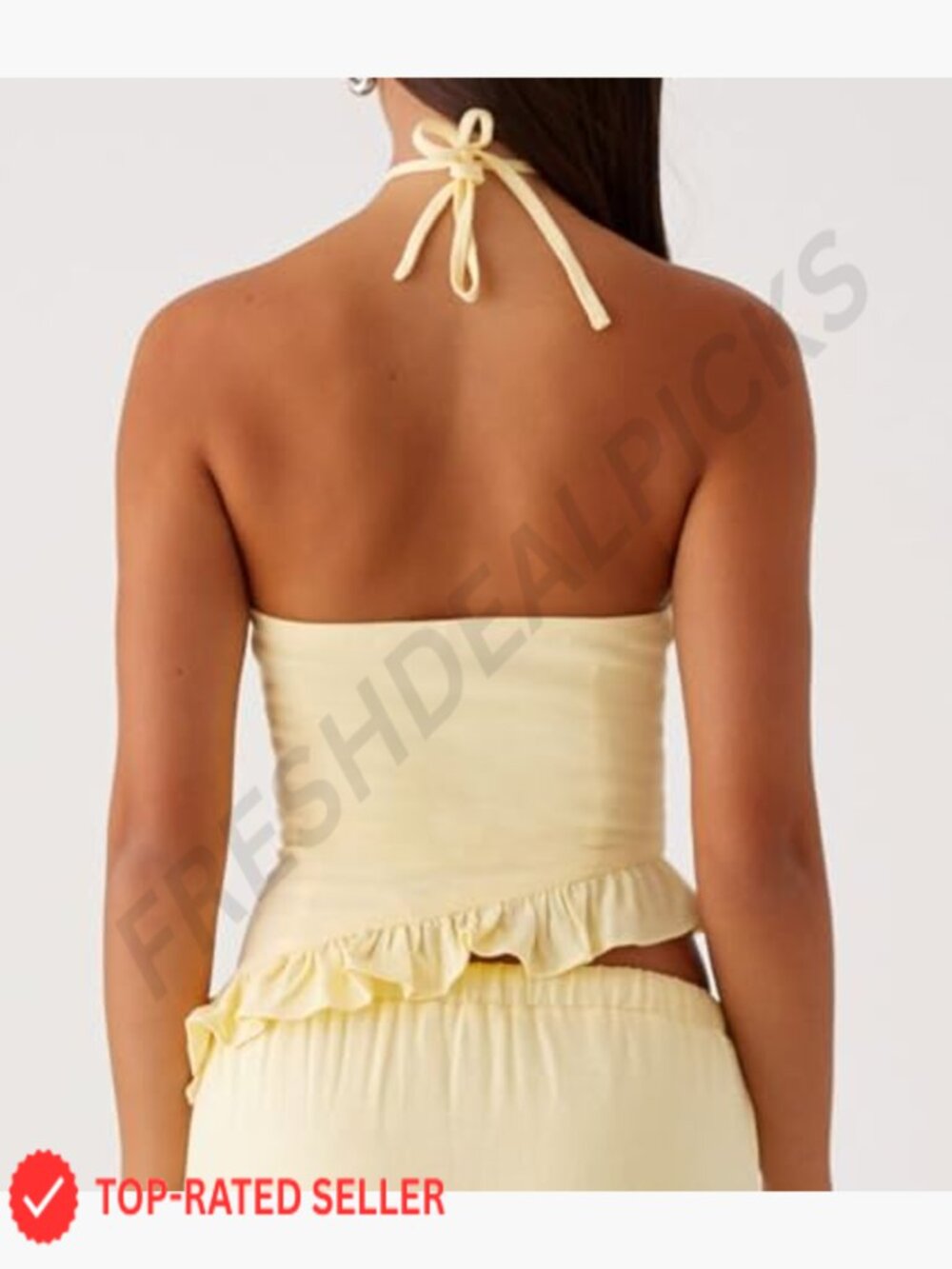 Womens Halter Crop Top Open Back Smocked Ruffle Sleeveless Going Out Camisole - Picture 3 of 4